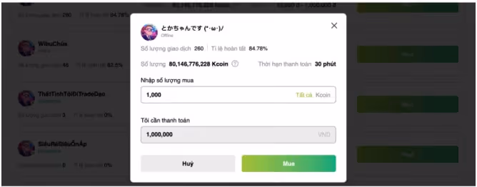 Lưu ý: “Giới hạn” là số tiền tối thiểu và tối đa mà thương gia có thể thanh toán cho bạn trong 1 giao dịch. Hãy chú ý đến “Số lượng có sẵn” và “Giới hạn” của mỗi quảng cáo để lựa chọn thương gia phù hợp với số lượng Kcoin mà bạn muốn mua.