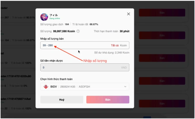 Lưu ý: Hãy kiểm tra lại 1 lần nữa để đảm bảo đúng số tài khoản ngân hàng của mình trước khi nhấn [Bán]